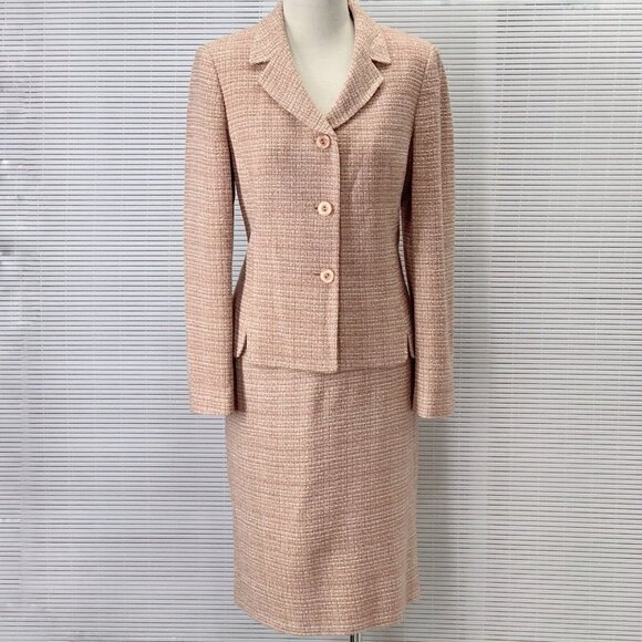 Le Suit 2 Piece Tweed Pastel Pink Tan Gold Accents Jacket & Skirt Suit Set Sz 8 - Picture 1 of 12
